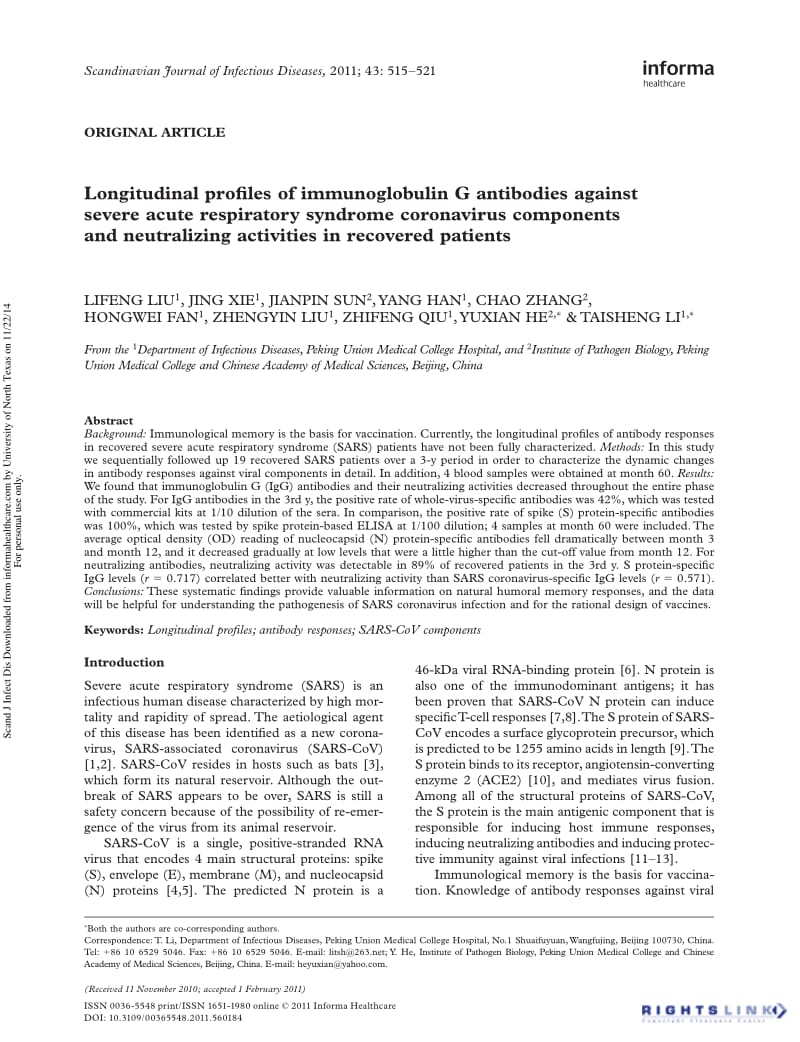 【病毒外文文献】2011 Longitudinal profiles of immunoglobulin G antibodies against severe acute respiratory syndrome coronavirus componen_第1页