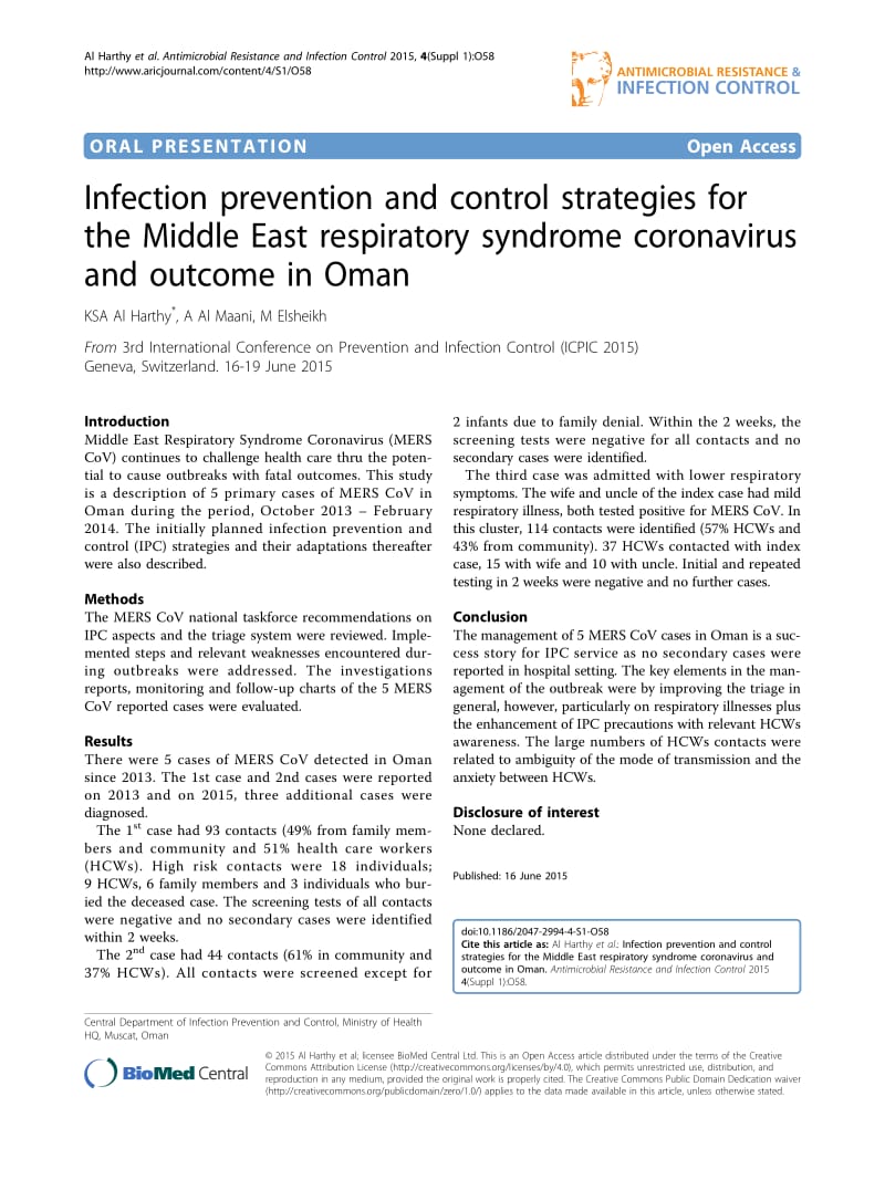 【病毒外文文献】2015 Infection prevention and control strategies for the Middle East respiratory syndrome coronavirus and outcome in Oma_第1页