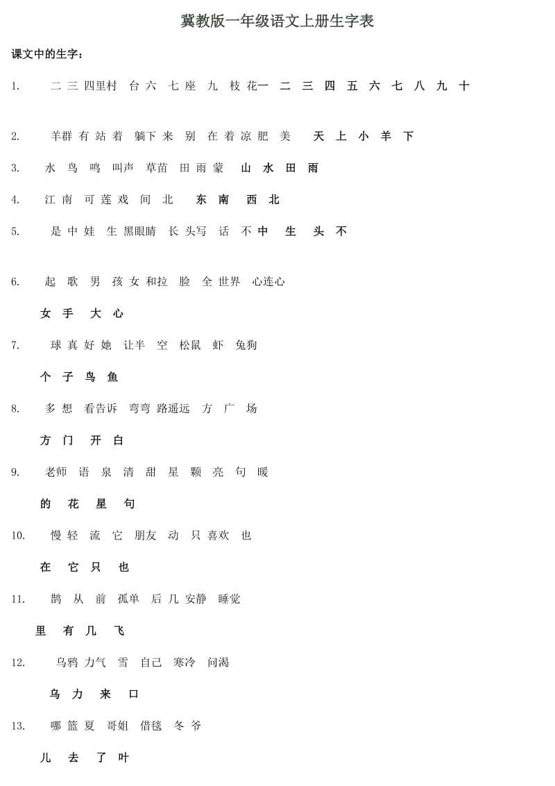 冀教版一年级语文上册生字表.doc_第2页