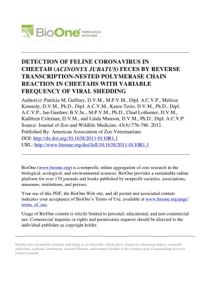 【病毒外文文獻(xiàn)】2012 DETECTION OF FELINE CORONAVIRUS IN CHEETAH (__i_ACINONYX JUBATUS__i__) FECES BY REVERSE