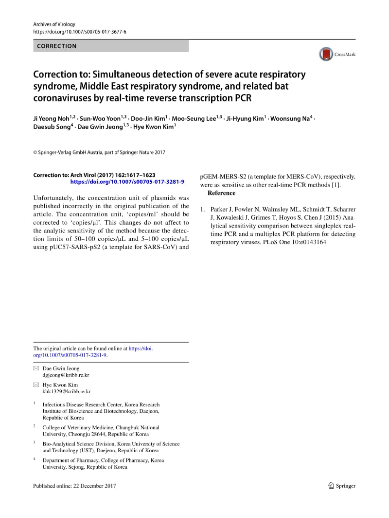 【病毒外文文献】2017 Correction to_ Simultaneous detection of severe acute respiratory syndrome, Middle East respiratory syndrome, and r_第1页