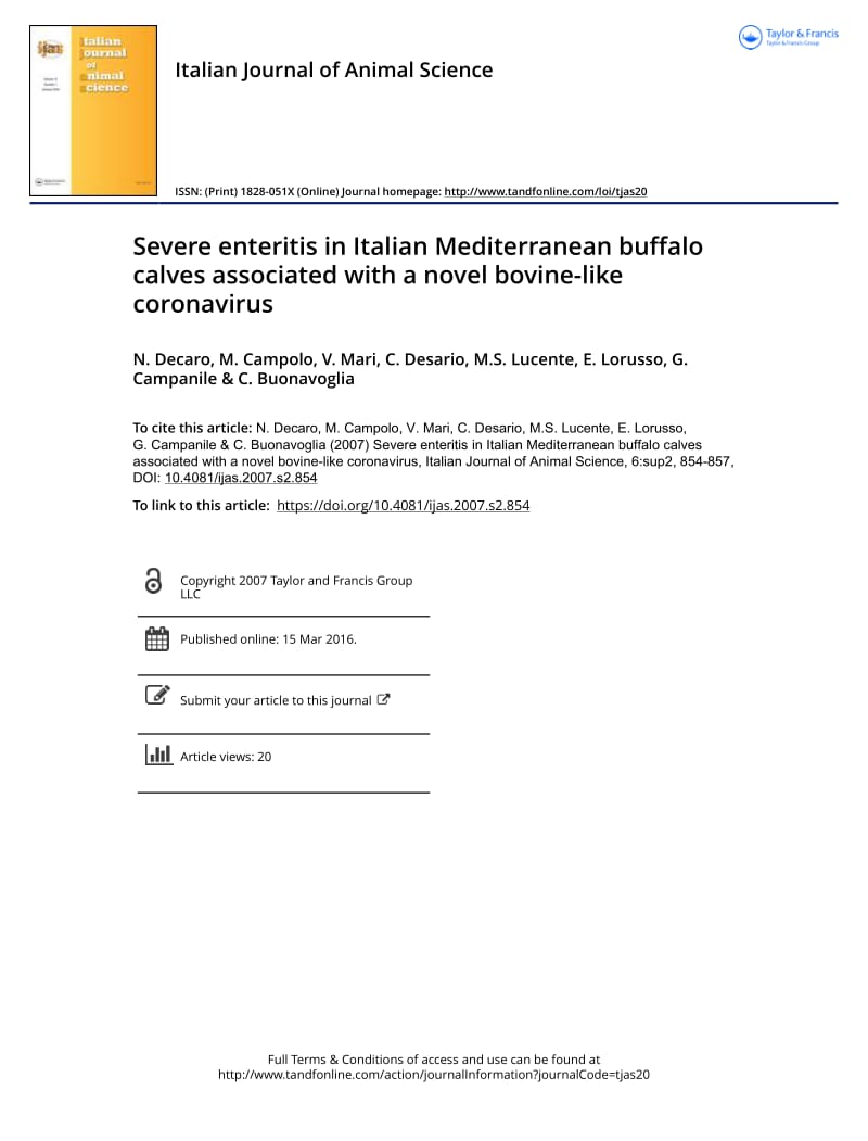 【病毒外文文獻(xiàn)】2007 Severe enteritis in Italian Mediterranean buffalo calves associated with a novel bovine-like coronavirus