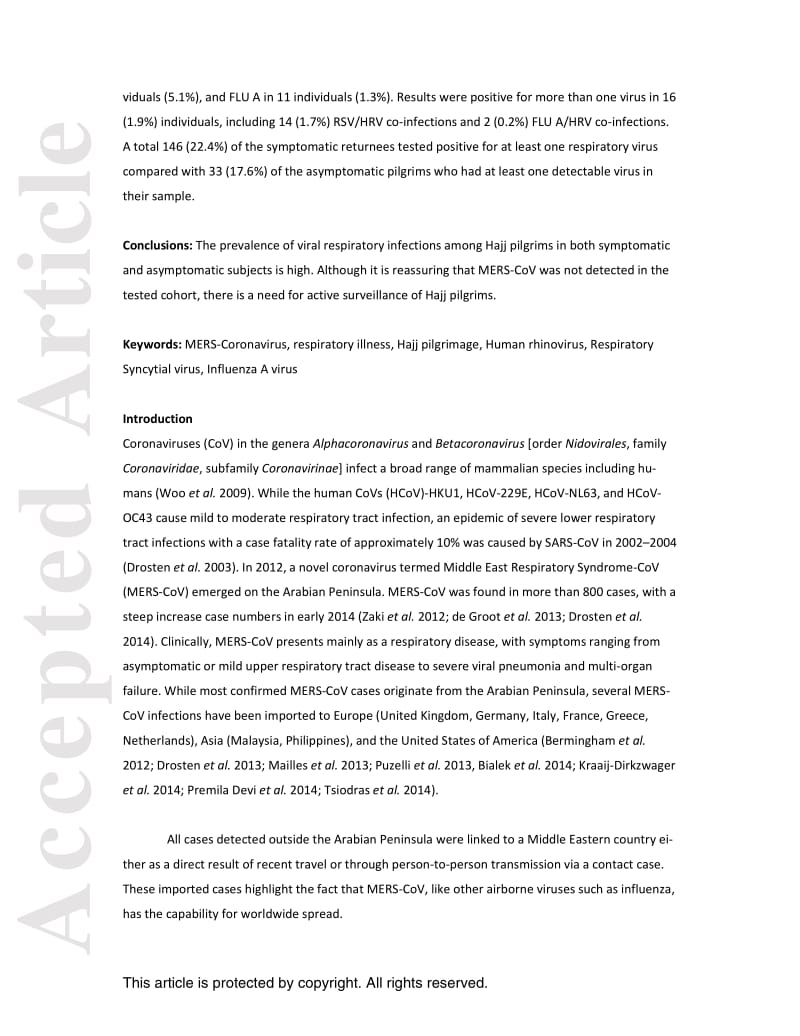 【病毒外文文献】2015 High prevalence of common respiratory viruses and no evidence of Middle East Respiratory Syndrome Coronavirus in Ha_第2页