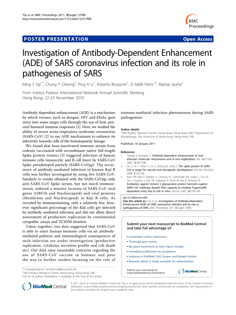 【病毒外文文献】2011 Investigation of Antibody-Dependent Enhancement (ADE) of SARS coronavirus infection and its role in pathogenesis of_第1页