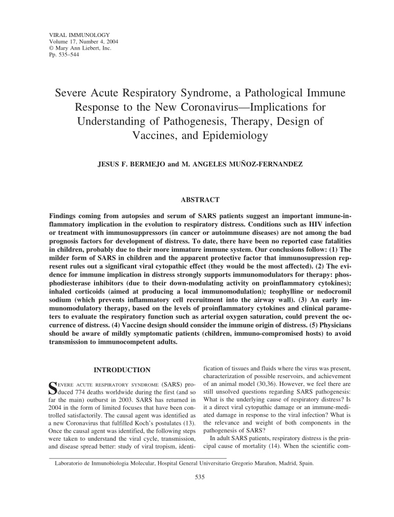 【病毒外文文献】2004 Severe Acute Respiratory Syndrome, a Pathological Immune Response to the New Coronavirus_Implications for Understan_第1页