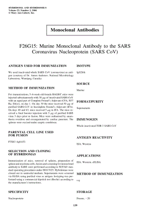 【病毒外文文獻】2004 F26G15_ Murine Monoclonal Antibody to the SARS Coronavirus Nucleoprotein (SARS CoV)