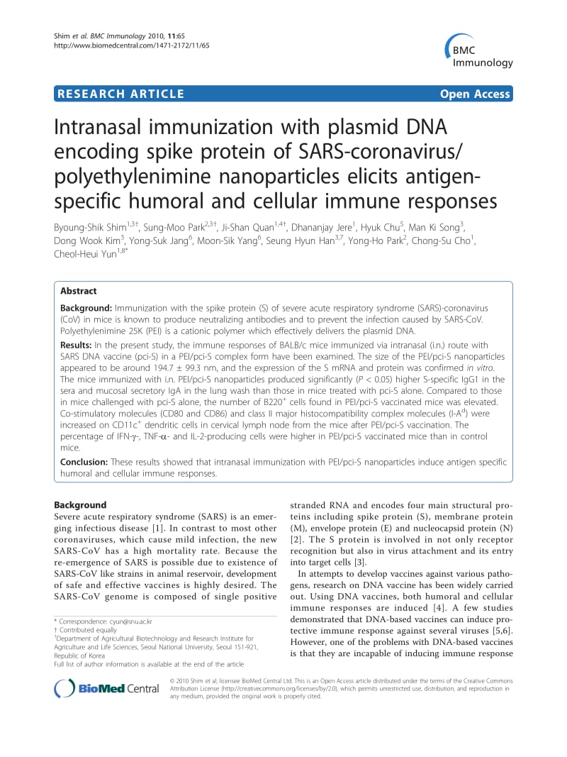 【病毒外文文献】2010 Intranasal immunization with plasmid DNA encoding spike protein of SARS-coronavirus_polyethylenimine nanoparticles_第1页