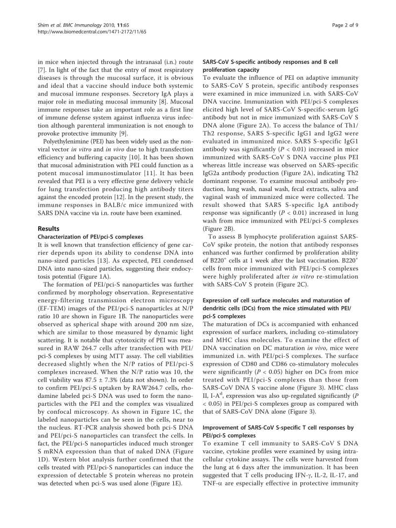 【病毒外文文献】2010 Intranasal immunization with plasmid DNA encoding spike protein of SARS-coronavirus_polyethylenimine nanoparticles_第2页