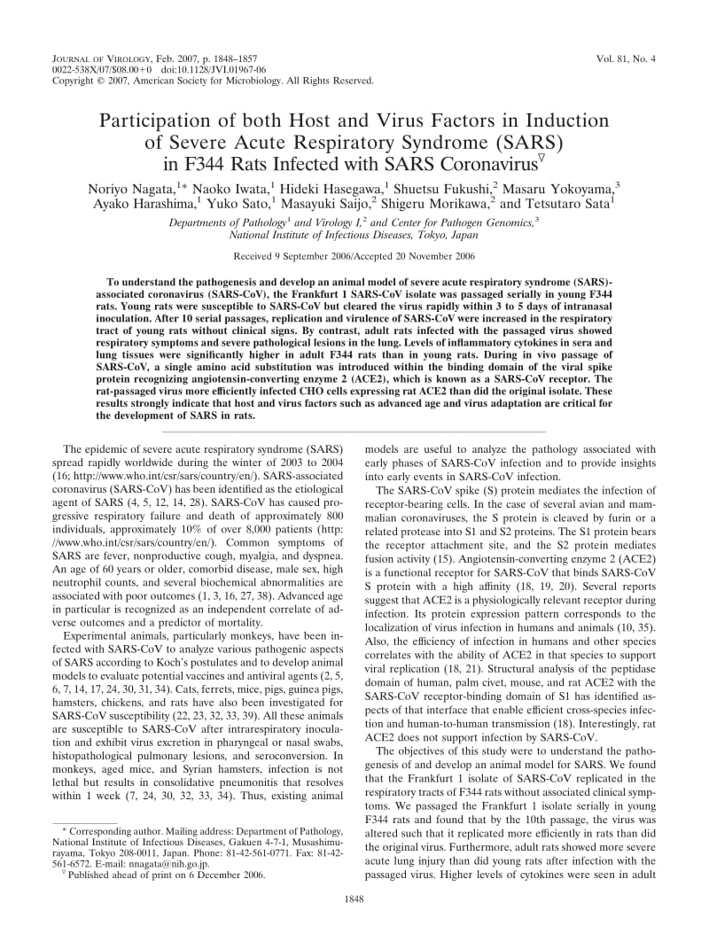 【病毒外文文献】2007 Participation of both Host and Virus Factors in Induction of Severe Acute Respiratory Syndrome (SARS) in F344 Rats_第1页