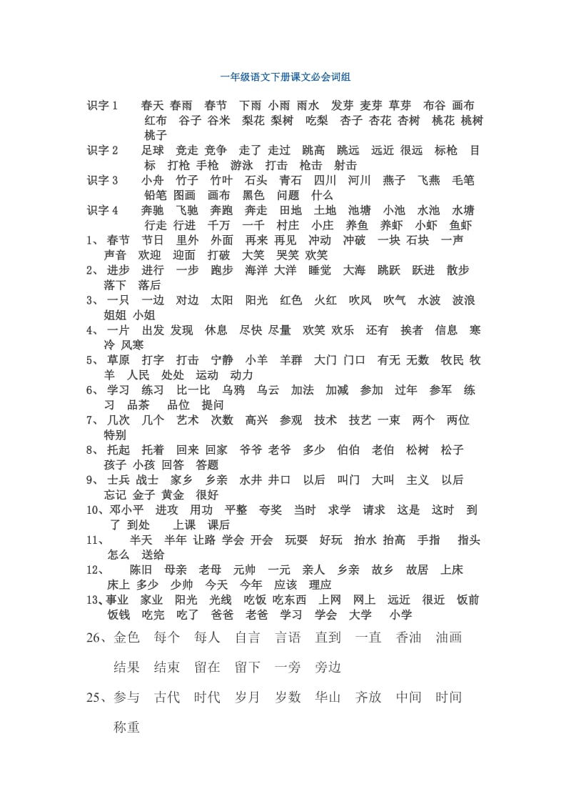 苏教版一年级语文下册课文必会词组.doc_第1页