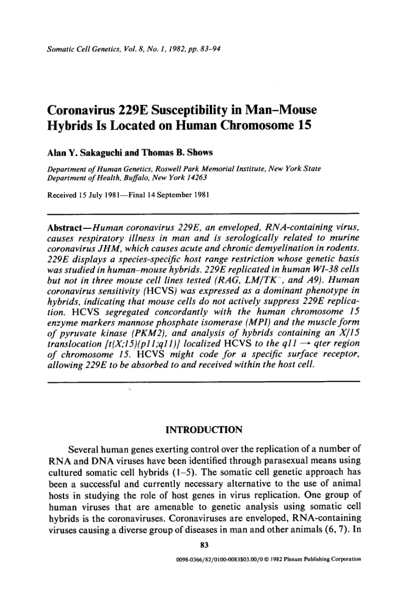 【病毒外文文献】1982 Coronavirus 229E susceptibility in man-mouse hybrids is located on human chromosome 15_第1页