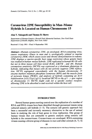 【病毒外文文獻】1982 Coronavirus 229E susceptibility in man-mouse hybrids is located on human chromosome 15