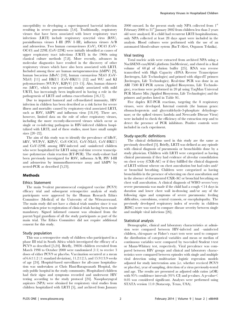 【病毒外文文献】2014 Clinical Epidemiology of Bocavirus, Rhinovirus, Two Polyomaviruses and Four Coronaviruses in HIV-Infected and HIV-U_第2页
