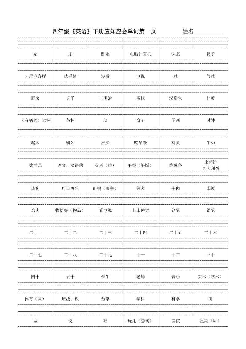 四年级下册所有英语单词中文(人教版).doc_第1页