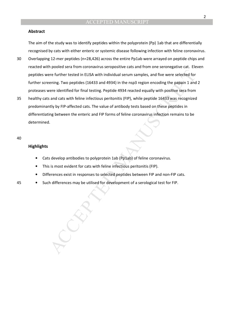 【病毒外文文献】2019 Differential recognition of peptides within feline coronavirus polyprotein 1 ab by sera from healthy cats and cats_第3页