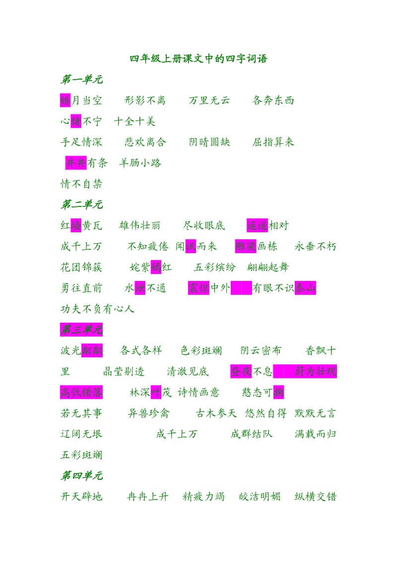 四年级上册课文中的四字词语.doc_第1页