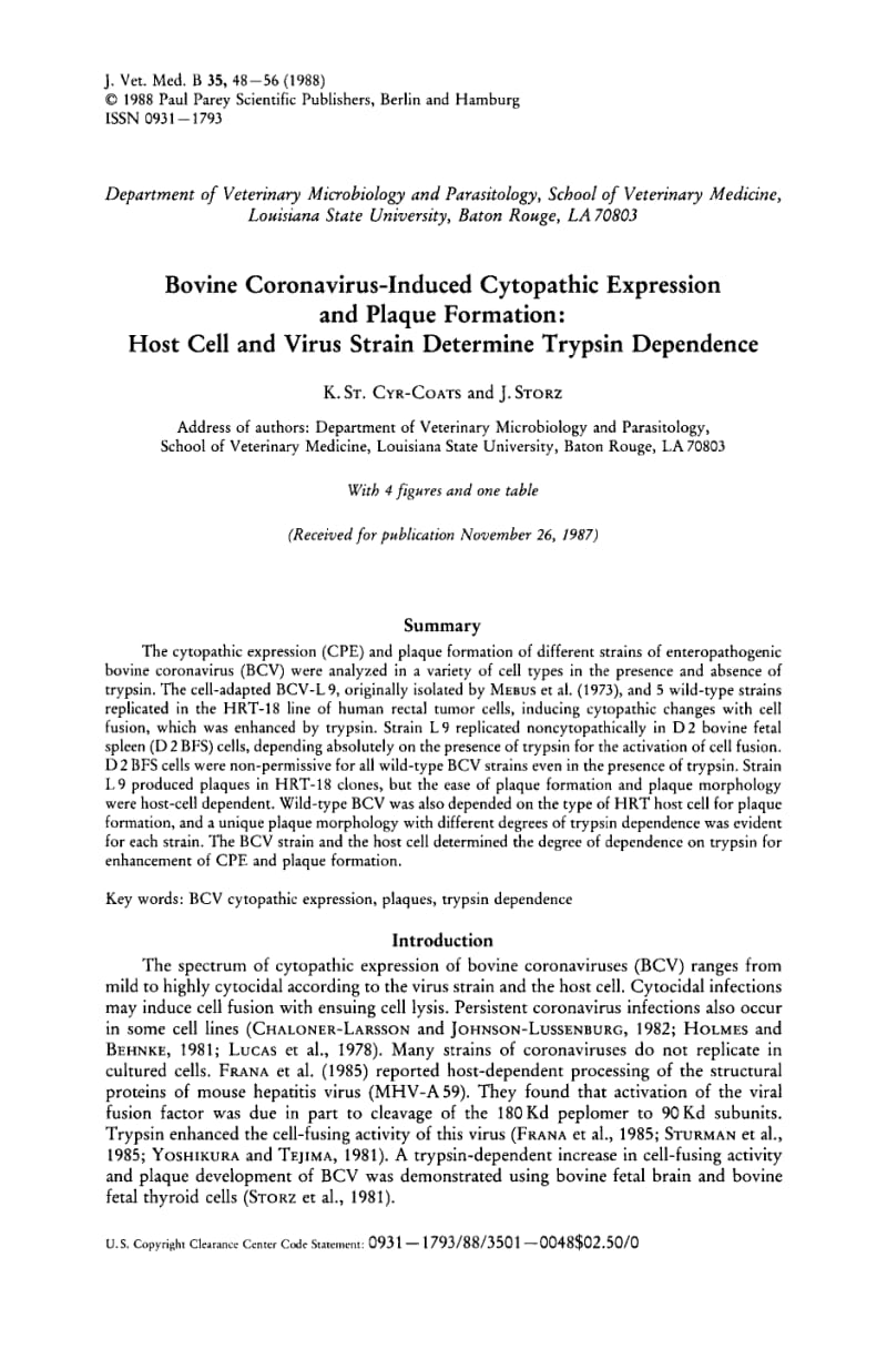 【病毒外文文献】1988 Bovine Coronavirus-Induced Cytopathic Expression and Plaque Formation_ Host Cell and Virus Strain Determine Trypsin_第1页