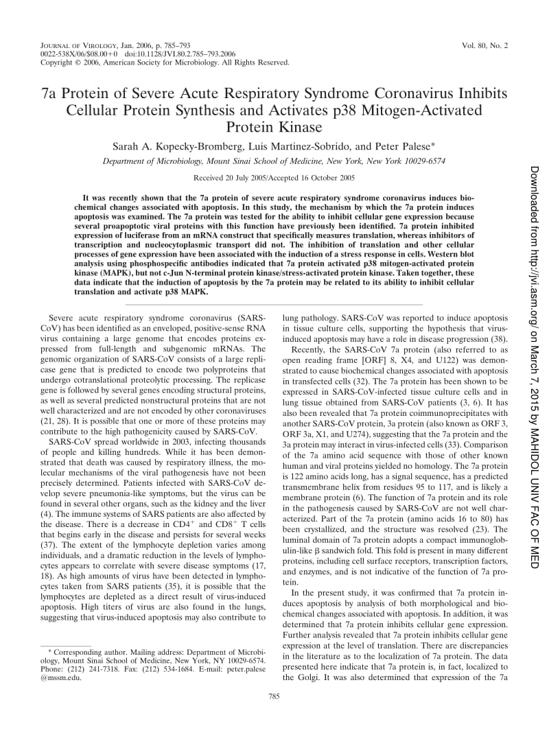 【病毒外文文献】2006 7a Protein of Severe Acute Respiratory Syndrome Coronavirus Inhibits Cellular Protein Synthesis and Activates p38 M_第1页