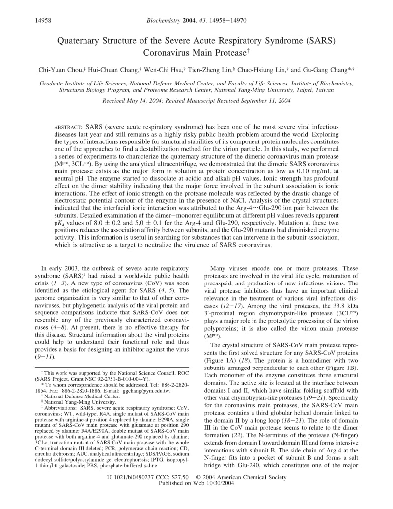 【病毒外文文献】2004 Quaternary Structure of the Severe Acute Respiratory Syndrome (SARS) Coronavirus Main Protease__sup___第1页