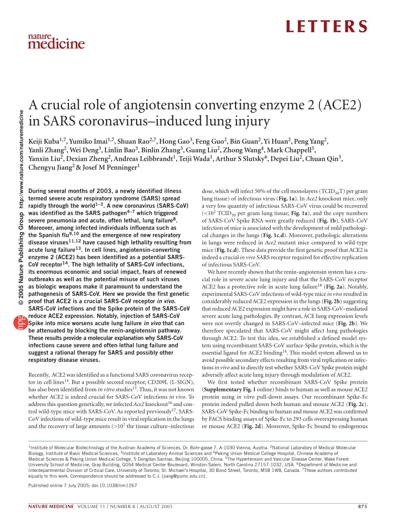 【病毒外文文献】2005 A crucial role of angiotensin converting enzyme 2 (ACE2) in SARS coronavirus_induced lung injury_第1页