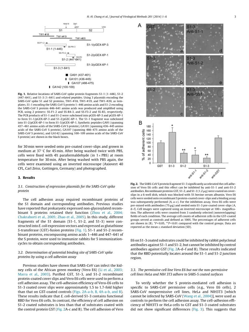 【病毒外文文献】2014 Cell adhesion as a novel approach to determining the cellular binding motif on the severe acute respiratory syndrom_第3页