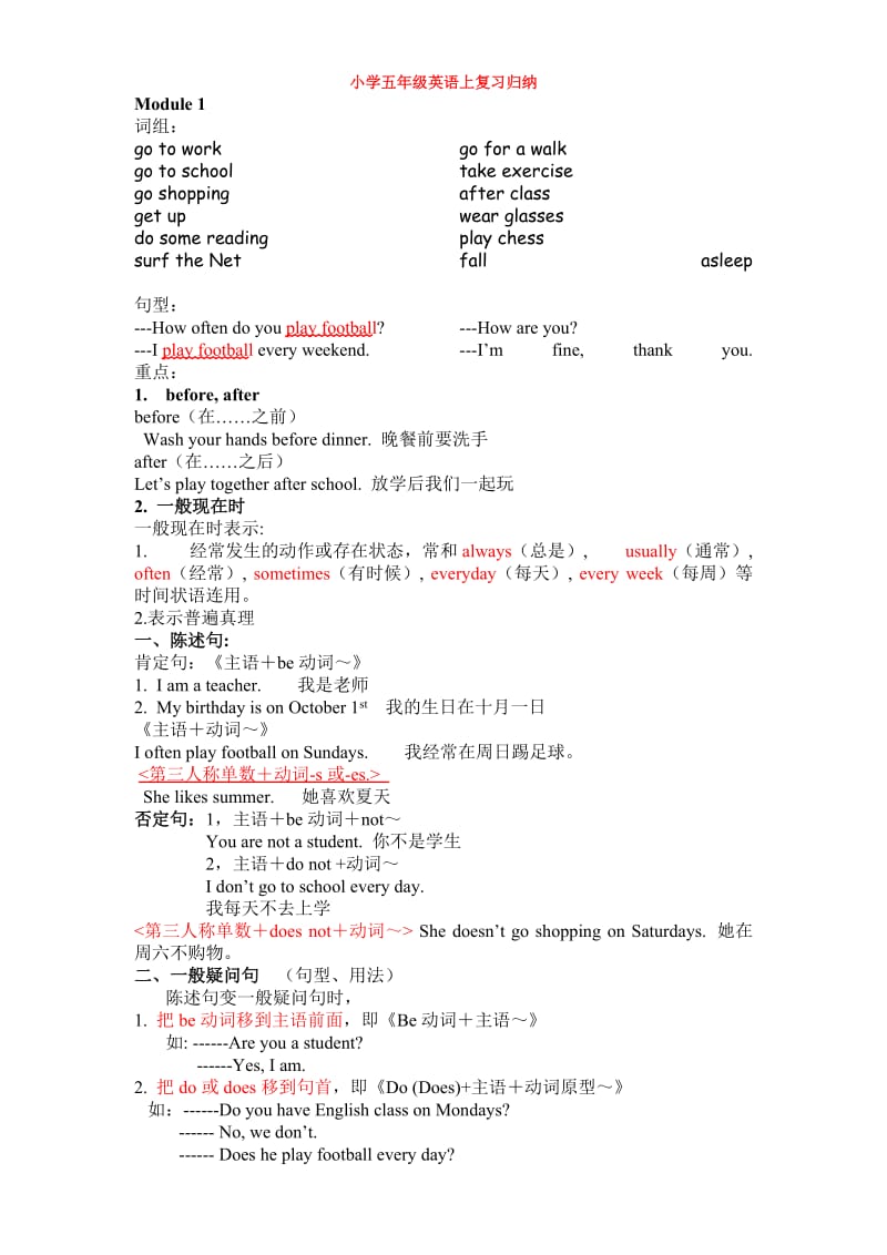 广州版小学五年级英语上复习归纳.doc_第1页