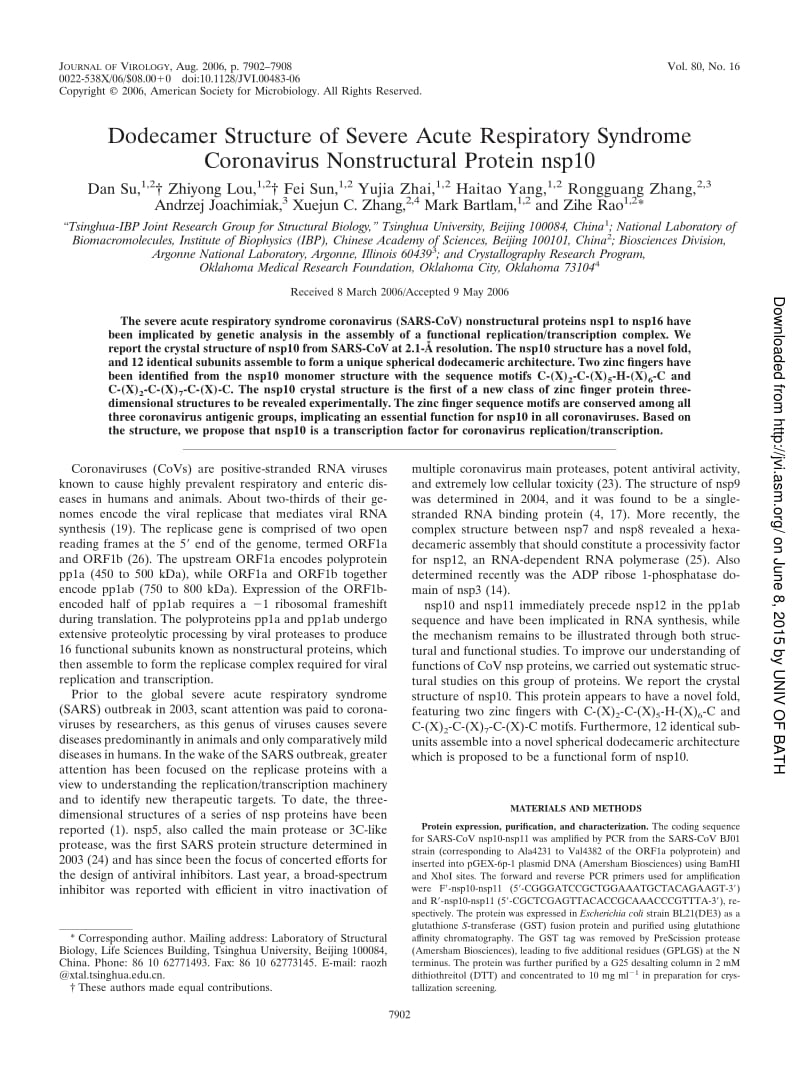 【病毒外文文献】2006 Dodecamer Structure of Severe Acute Respiratory Syndrome Coronavirus Nonstructural Protein nsp10_第1页