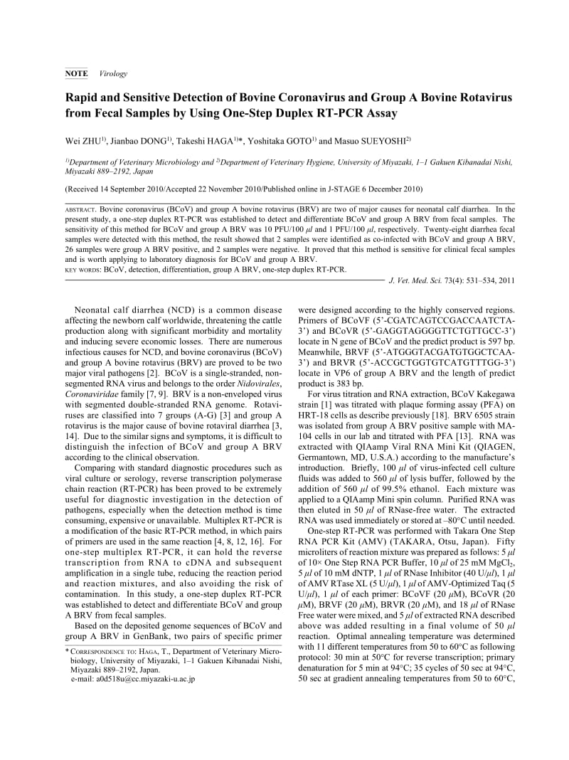 【病毒外文文献】2011 Rapid and Sensitive Detection of Bovine Coronavirus and Group A Bovine Rotavirus from Fecal Samples by Using One-St