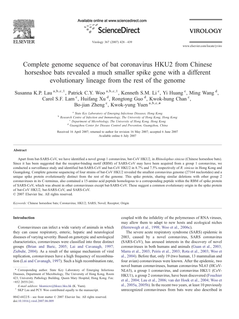 【病毒外文文献】2007 Complete genome sequence of bat coronavirus HKU2 from Chinese horseshoe bats revealed a much smaller spike gene wit_第1页