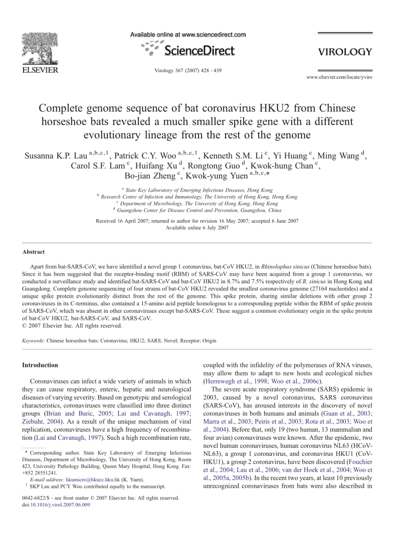 【病毒外文文獻(xiàn)】2007 Complete genome sequence of bat coronavirus HKU2 from Chinese horseshoe bats revealed a much smaller spike gene wit