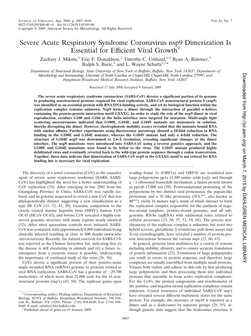 【病毒外文文献】2009 Severe Acute Respiratory Syndrome Coronavirus nsp9 Dimerization Is Essential for Efficient Viral Growth_第1页
