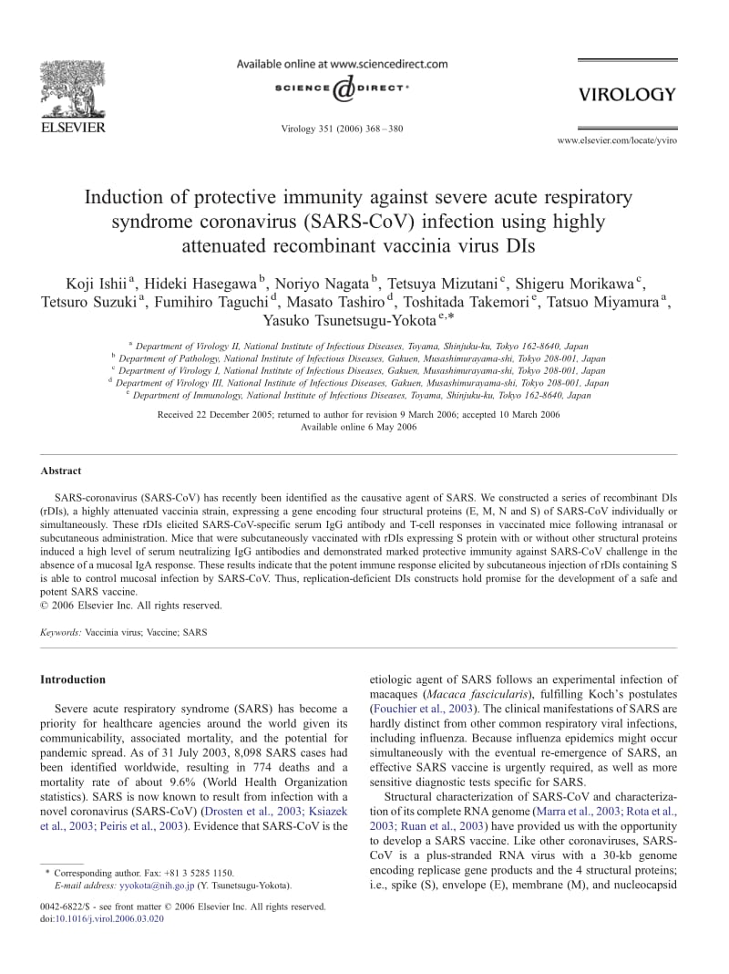【病毒外文文献】2006 Induction of protective immunity against severe acute respiratory syndrome coronavirus (SARS-CoV) infection using h_第1页