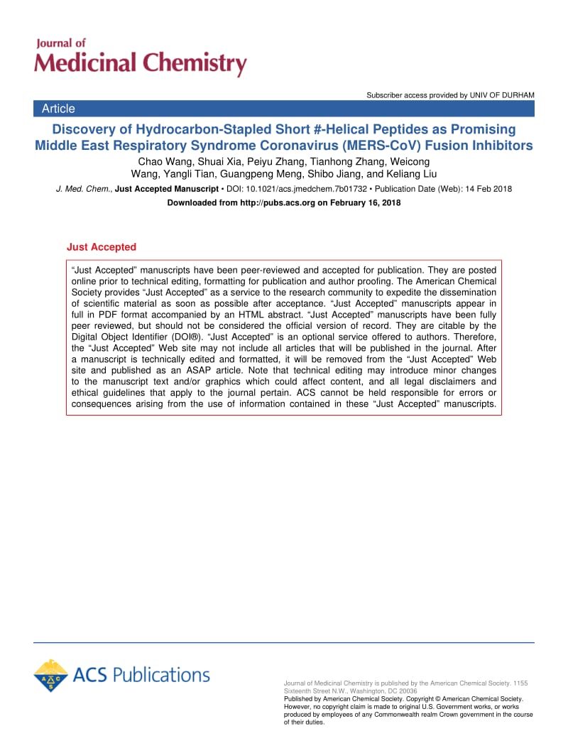 【病毒外文文献】2018 Discovery of Hydrocarbon-Stapled Short _-Helical Peptides as Promising Middle East Respiratory Syndrome Coronavirus_第1页