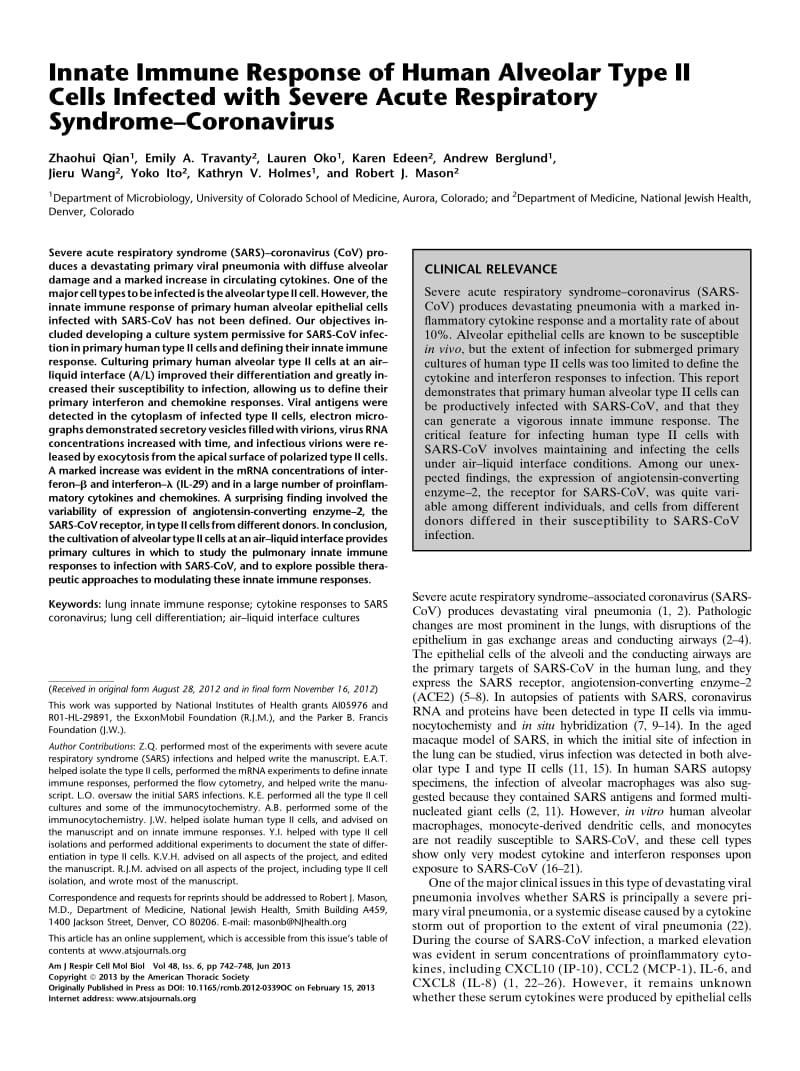 【病毒外文文献】2013 Innate Immune Response of Human Alveolar Type II Cells Infected with Severe Acute Respiratory Syndrome_Coronavirus_第1页