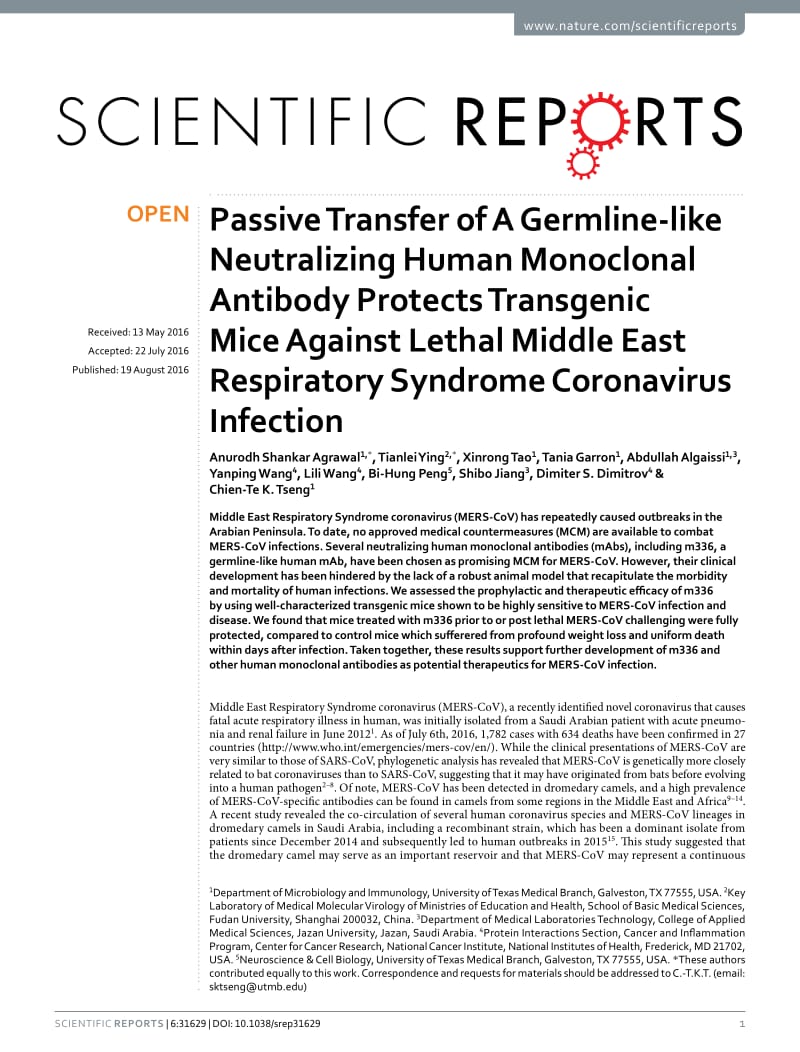 【病毒外文文献】2016 Passive Transfer of A Germline-like Neutralizing Human Monoclonal Antibody Protects Transgenic Mice Against Lethal_第1页