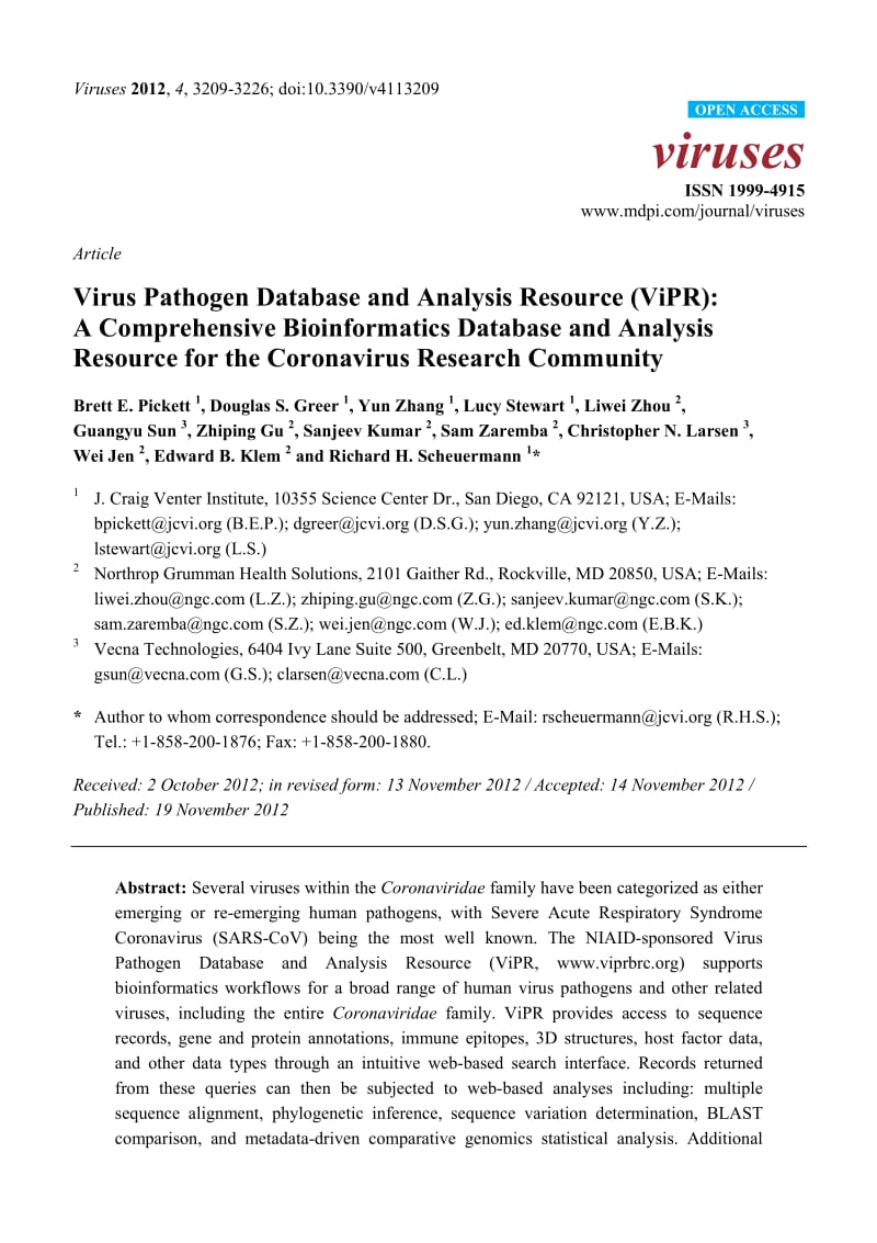 【病毒外文文獻】2012 Virus Pathogen Database and Analysis Resource (ViPR)_ A Comprehensive Bioinformatics Database and Analysis Resource