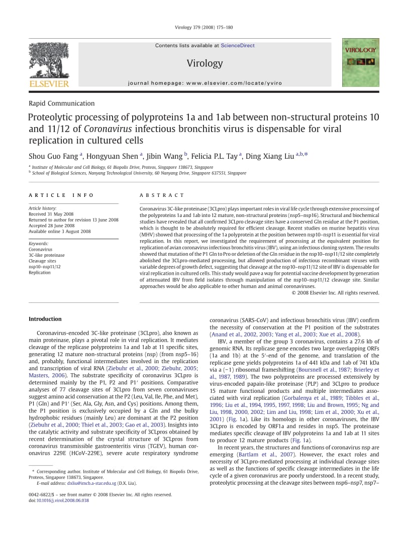 【病毒外文文獻(xiàn)】2008 Proteolytic processing of polyproteins 1a and 1ab between non-structural proteins 10 and 11_12 of Coronavirus infec