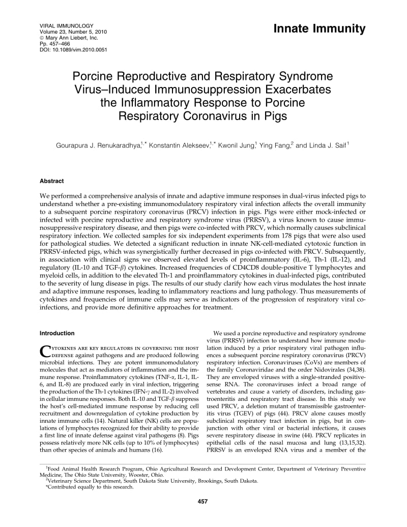 【病毒外文文献】2010 Porcine Reproductive and Respiratory Syndrome Virus_Induced Immunosuppression Exacerbates the Inflammatory Response_第1页