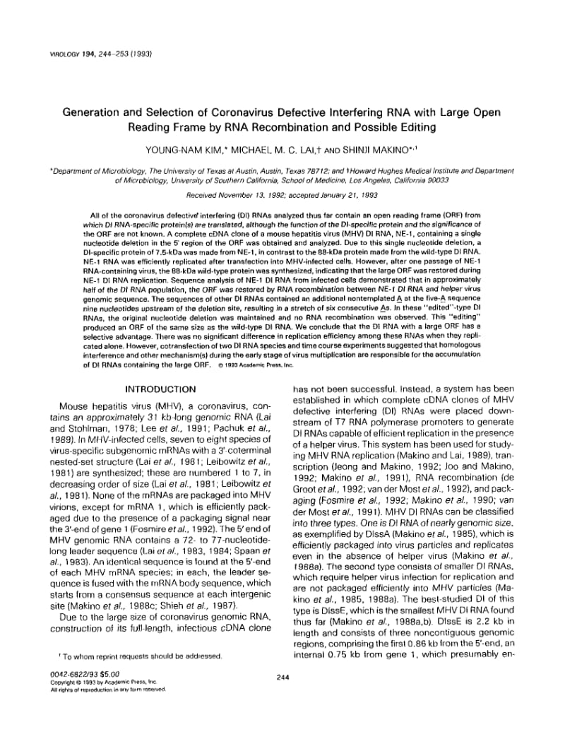 【病毒外文文献】1993 Generation and Selection of Coronavirus Defective Interfering RNA with Large Open Reading Frame by RNA Recombinatio_第1页