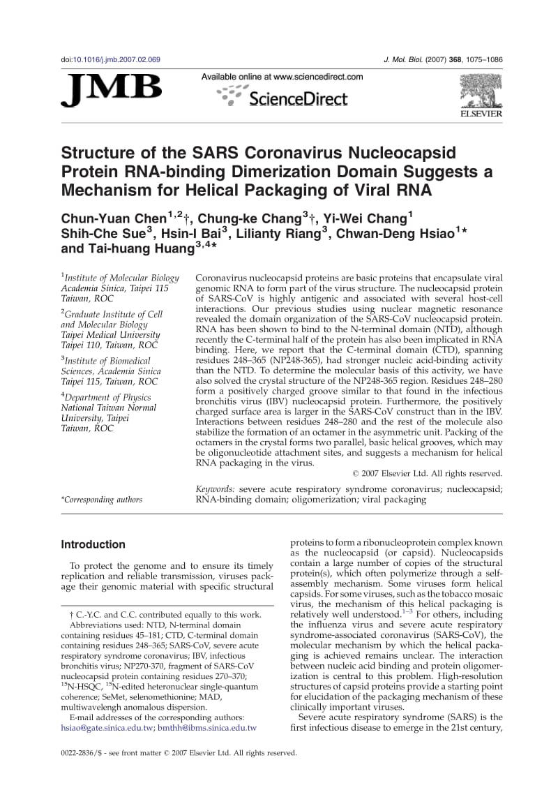 【病毒外文文献】2007 Structure of the SARS Coronavirus Nucleocapsid Protein RNA-binding Dimerization Domain Suggests a Mechanism for Hel_第1页