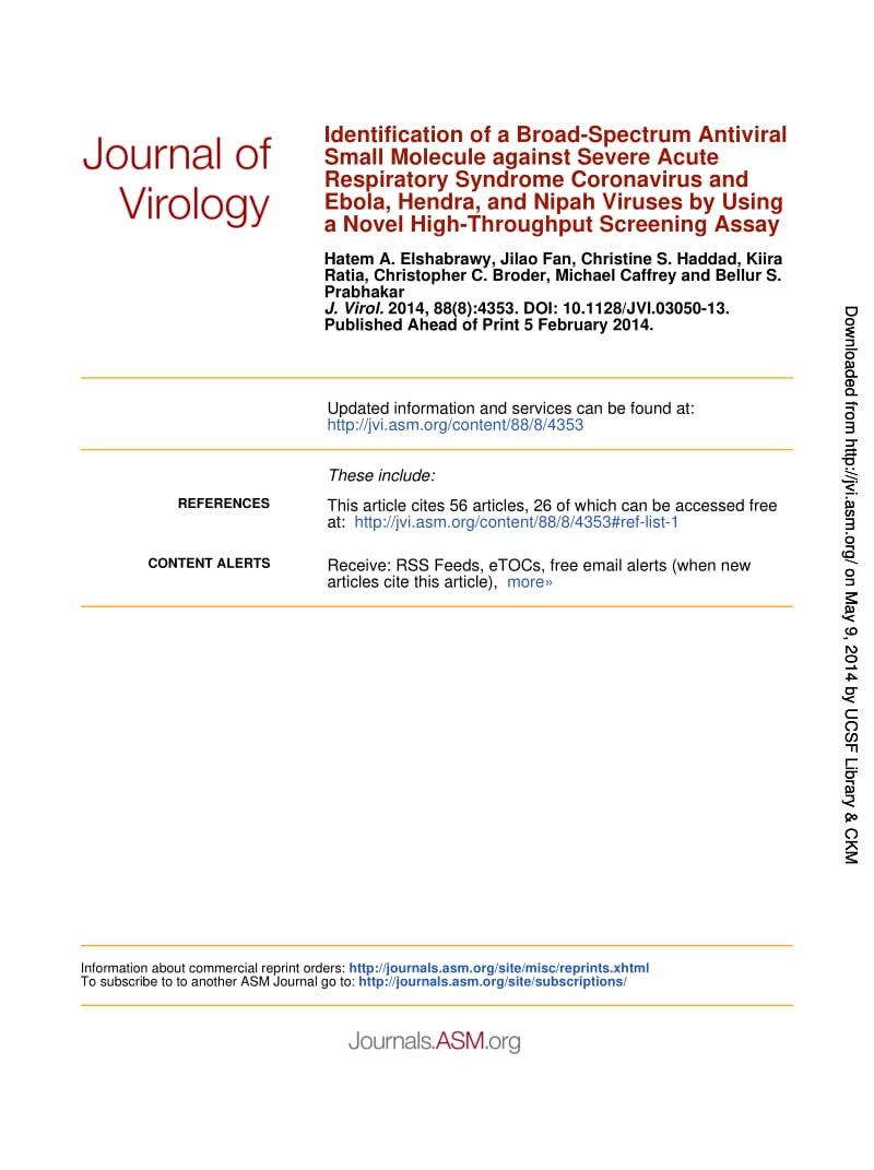 【病毒外文文獻(xiàn)】2014 Identification of a Broad-Spectrum Antiviral Small Molecule against Severe Acute Respiratory Syndrome Coronavirus a