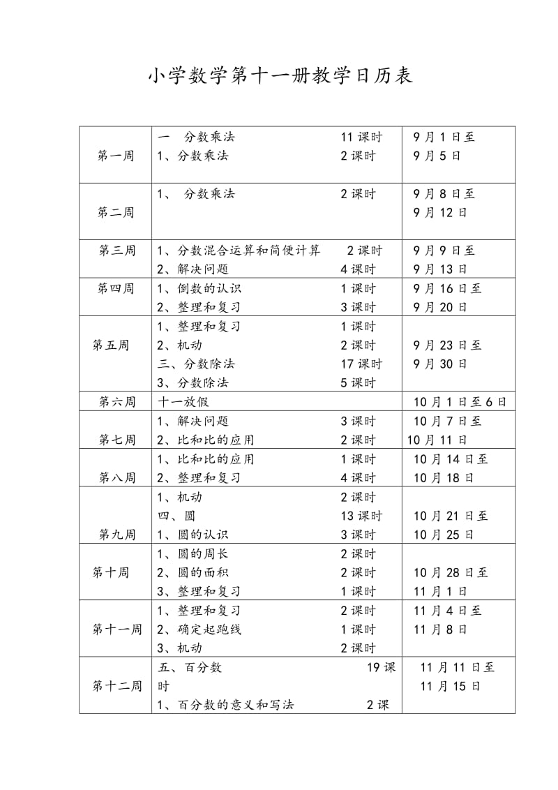 小学数学第十一册教学日历表.doc_第1页