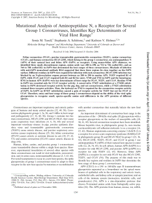 【病毒外文文獻(xiàn)】2007 Mutational Analysis of Aminopeptidase N, a Receptor for Several Group 1 Coronaviruses, Identifies Key Determinants