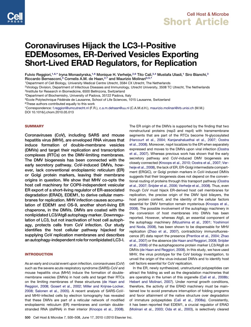 【病毒外文文献】2010 Coronaviruses Hijack the LC3-I-Positive EDEMosomes, ER-Derived Vesicles Exporting Short-Lived ERAD Regulators, for_第1页