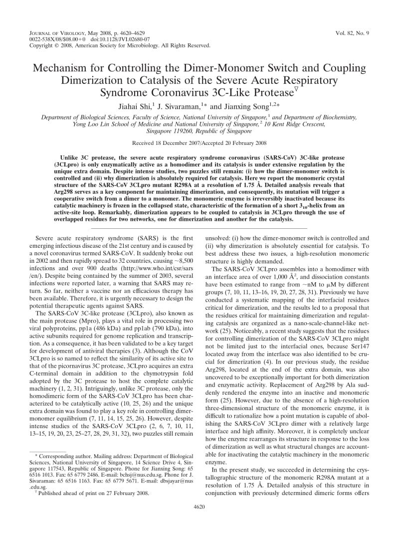 【病毒外文文献】2008 Mechanism for Controlling the Dimer-Monomer Switch and Coupling Dimerization to Catalysis of the Severe Acute Respi_第1页