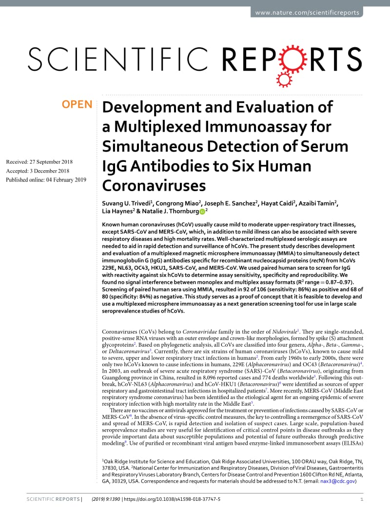 【病毒外文文献】2019 Development and Evaluation of a Multiplexed Immunoassay for Simultaneous Detection of Serum IgG Antibodies to Six H_第1页