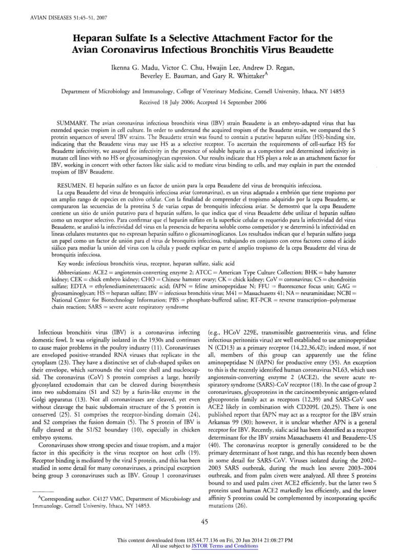 【病毒外文文献】2007 Heparan Sulfate Is a Selective Attachment Factor for the Avian Coronavirus Infectious Bronchitis Virus Beaudette (E_第2页