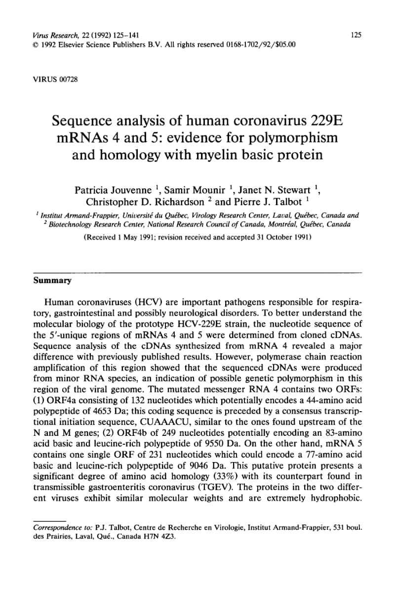 【病毒外文文献】1992 Sequence analysis of human coronavirus 229E mRNAs 4 and 5_ evidence for polymorphism and homology with myelin basic_第1页