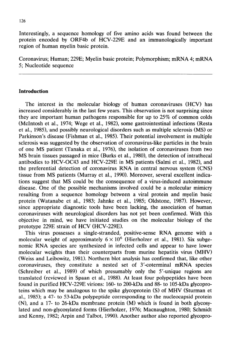【病毒外文文献】1992 Sequence analysis of human coronavirus 229E mRNAs 4 and 5_ evidence for polymorphism and homology with myelin basic_第2页