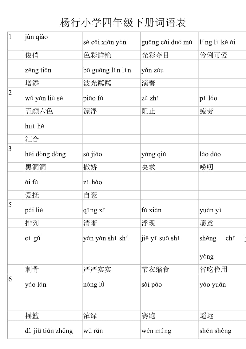 沪教版小学四年级下册词语表.doc_第1页